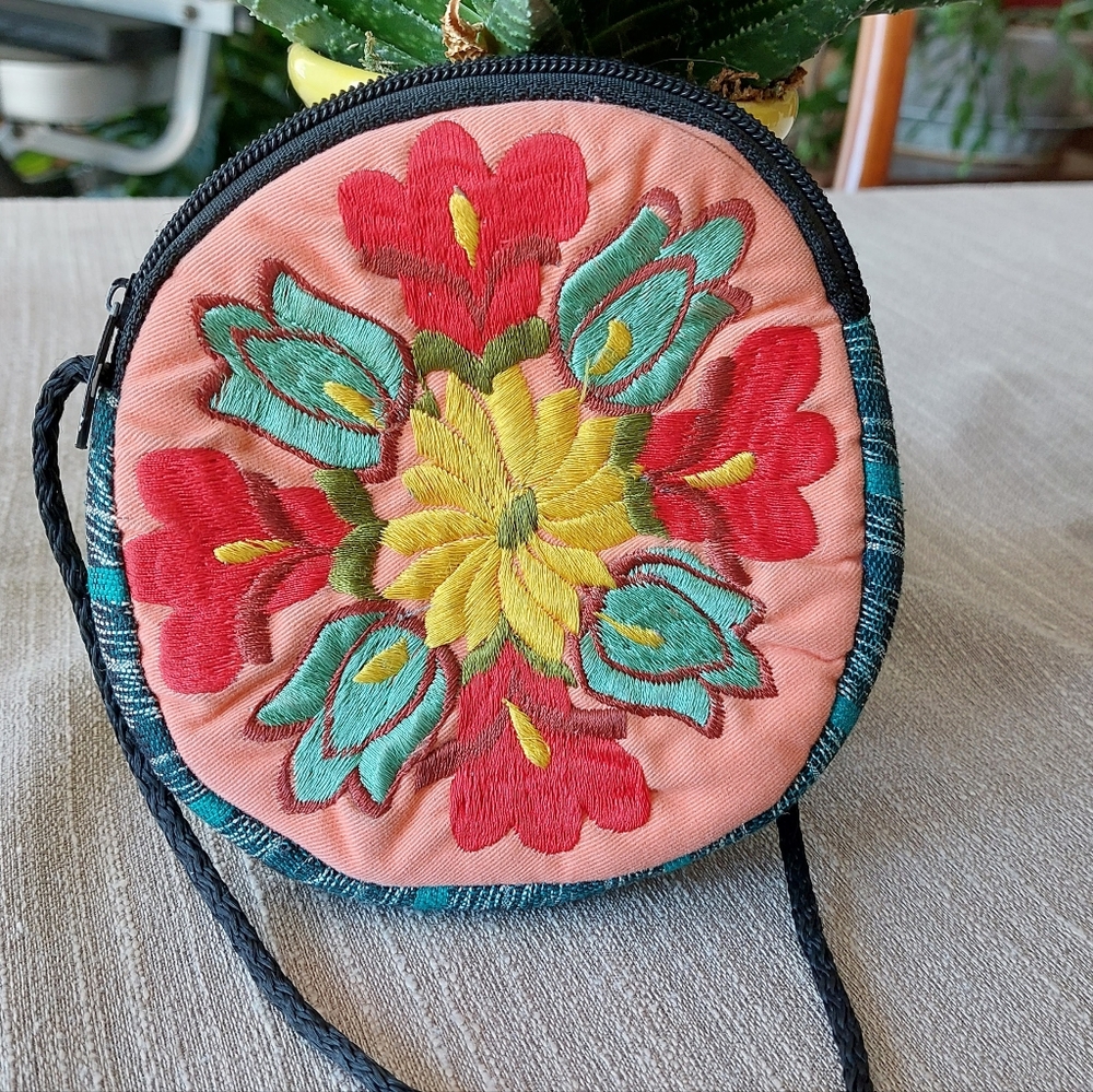Floral Festive Embroidered Handmade Mini Round Crossbody Bag - Made in Guatemala